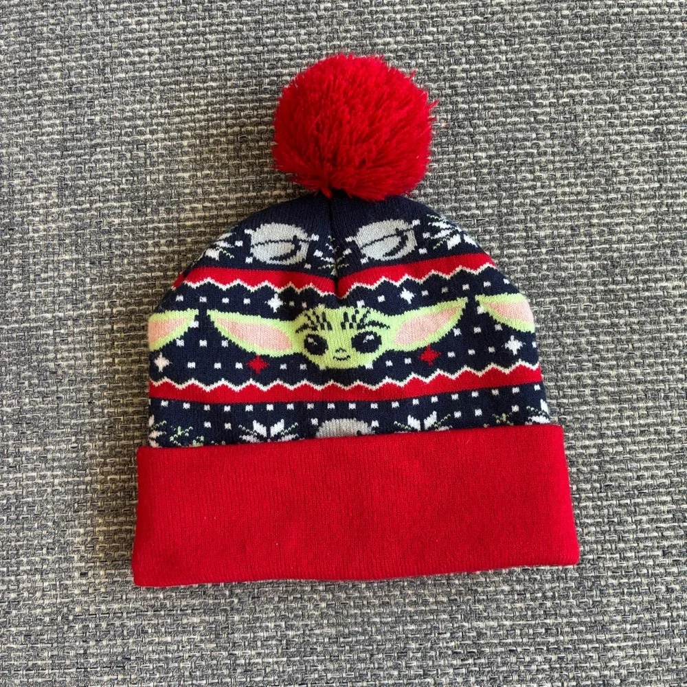 Star Wars Mandalorian Grogu The Child Knit Beanie Red Navy Blue Pom Kids Hat